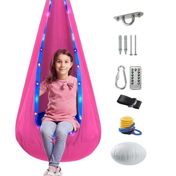 Vyrelis Light up Kids Pod Swing Seat,Sensory Pod Swing Hanging Hammock Swing Chair, Max 176Lbs Sensory Swing for Kids Indoor & Outdoor(Pink)