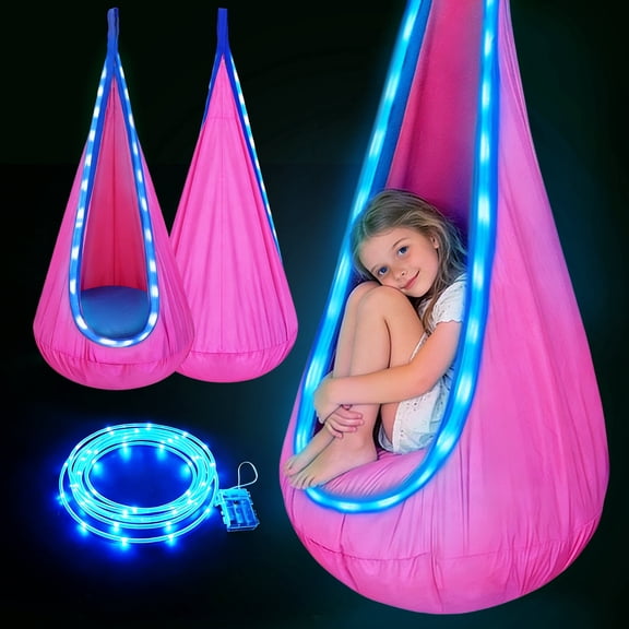 Vyrelis Light Up Pod Swing Seat Kids Hammock Chair with LED Lights Child Hanging Sensory Swing with All Accessories Max 176 Lbs (2Pcs, Pink)