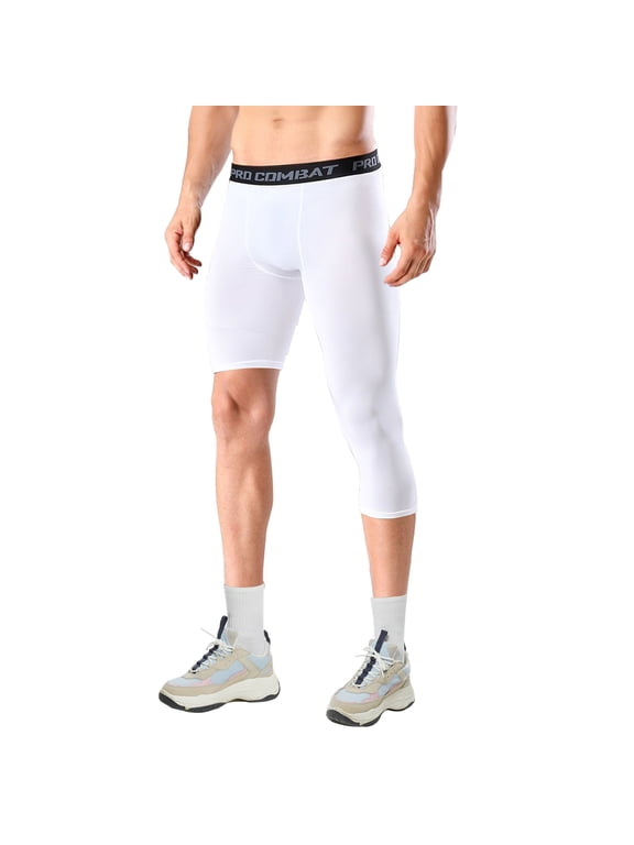 One Leg 3/4 Compression Pants Men Athletic Leggings Base Layer for Basketball Running Workout Sports