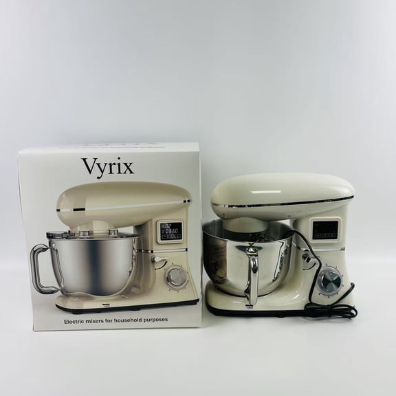 Vyrix Electric mixers for household purposes, 660W Electric Dough Mixer with 6 Speeds LCD Screen Timing, Tilt-Head Food Mixer with 5.8 Qt Stainless Steel Bowl - White