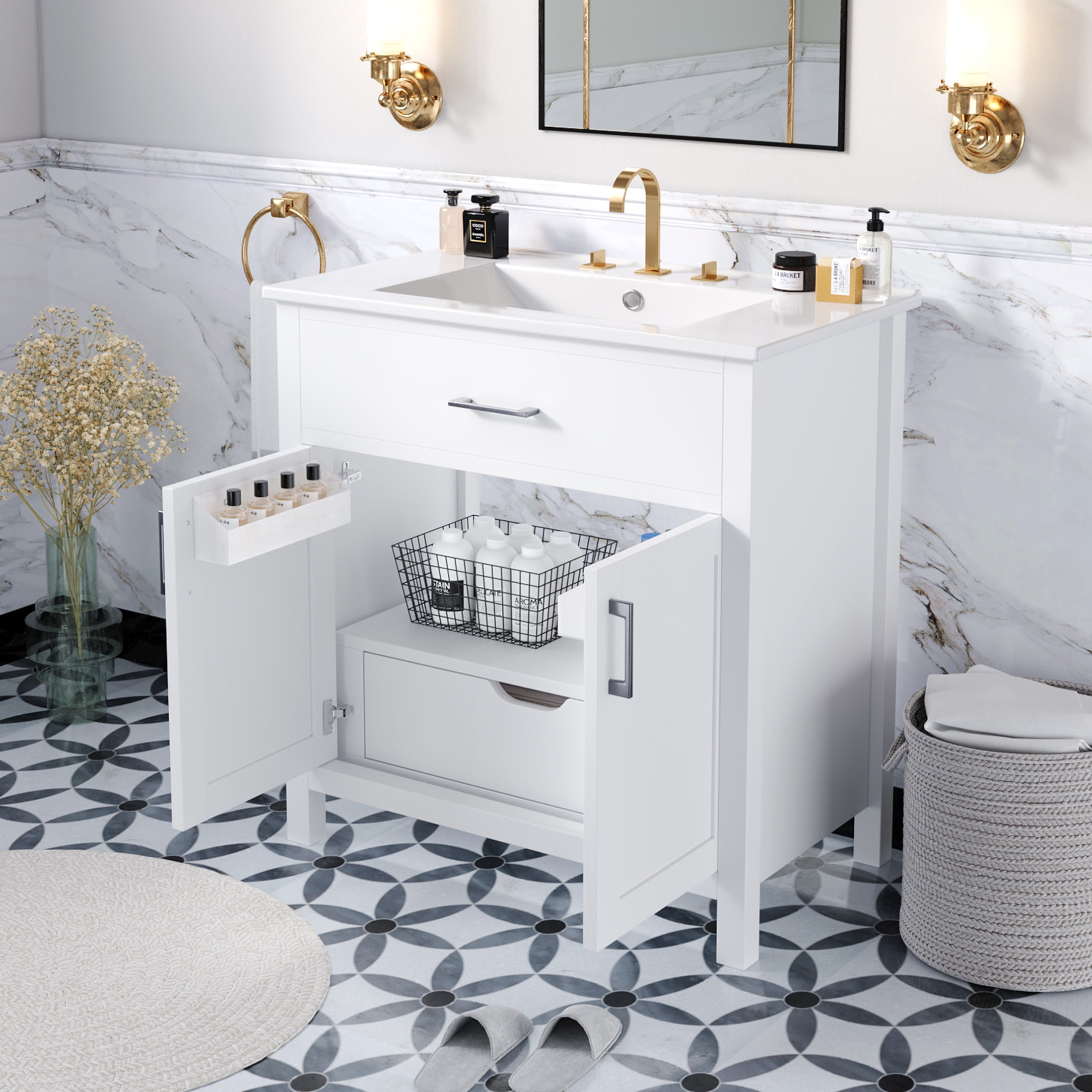 Vyrona Modern Bathroom Vanity with Ceramic Sink, Shelves, Drawers, Wood, White