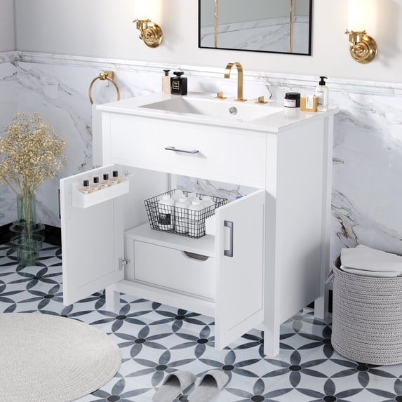 Vyrona Modern Bathroom Vanity with Ceramic Sink, Shelves, Drawers, Wood, White