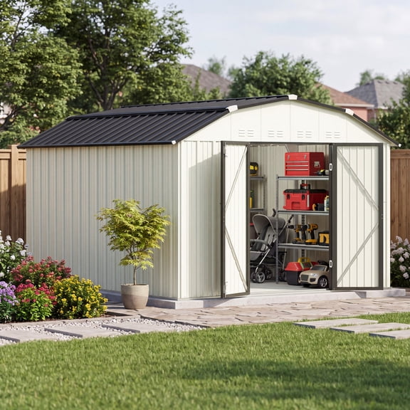 Vyrox 10x12 FT Barn Style Metal Storage Shed, Steel Outdoor Garden Shed with Sloped Roof & Lockable Doors, for Lawn Mower, Bike, Backyard, Patio, White