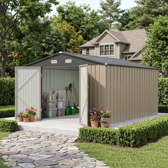 Vyrox 10x14 FT Metal Outdoor Storage Shed, Garden Tool Shed with Lockable Double Doors & Gable Roof for Bike, Lawn Mower, Backyard, Garden, Brown