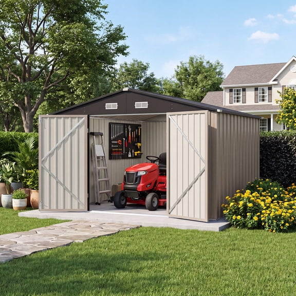 Vyrox 10x8 FT Metal Outdoor Storage Shed, Steel Garden Tool Shed, All-Weather with Lockable Doors & Sloping Roof for Bike, Trash Can, Lawn Mowers, Backyard, Brown