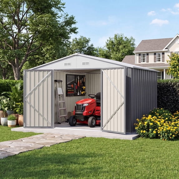 Vyrox 10x8 FT Metal Outdoor Storage Shed, Steel Garden Tool Shed, All-Weather with Lockable Doors & Sloping Roof for Bike, Trash Can, Lawn Mowers, Backyard, Gray