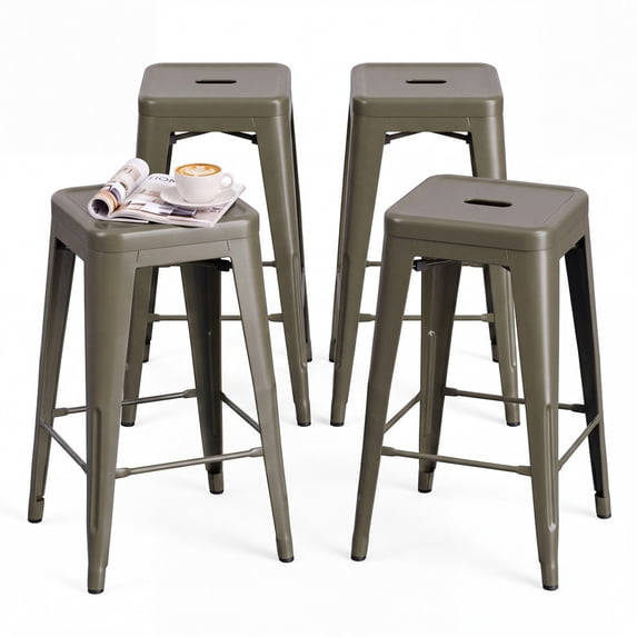 Vyrox 24 Inches Metal Bar Stools Set of 4, Stackable Backless Kitchen Island Stools with X-Brace Support, Indoor-Outdoor Use, Gun