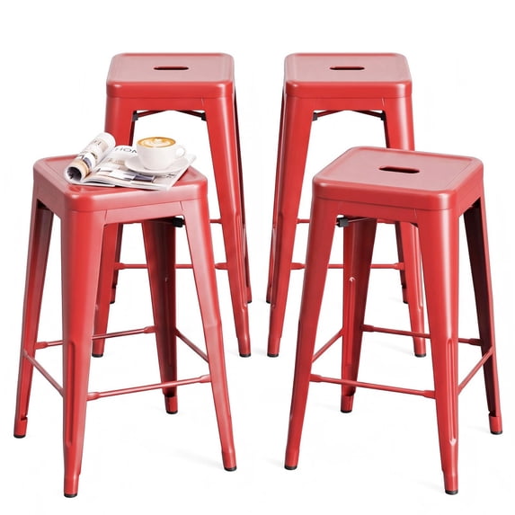 Vyrox 24 Inches Metal Bar Stools Set of 4, Stackable Backless Kitchen Island Stools with X-Brace Support, Indoor-Outdoor Use, Red