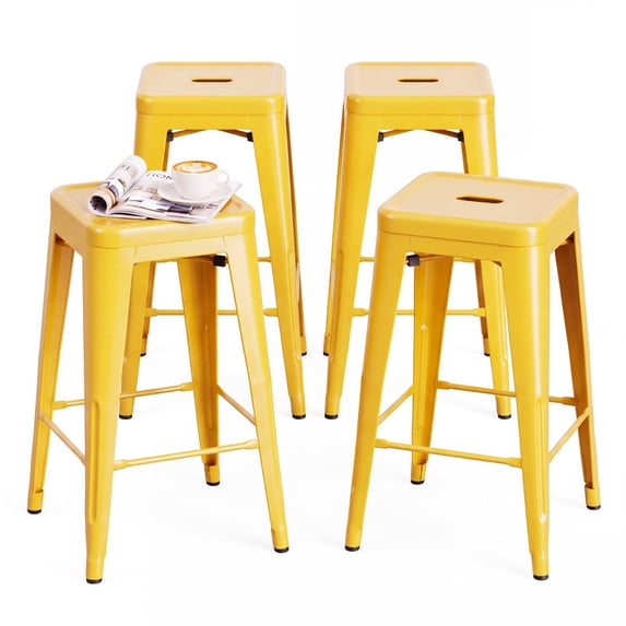 Vyrox 24 Inches Metal Bar Stools Set of 4, Stackable Backless Kitchen Island Stools with X-Brace Support, Indoor-Outdoor Use, Yellow