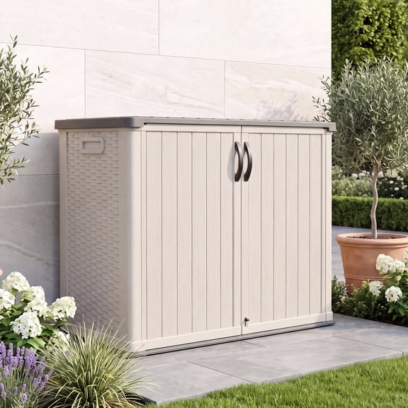 Vyrox 26 Cu.ft Resin Storage Shed – Waterproof Lockable Outdoor Cabinet with Built-In Floor, Compact for Patio & Garden, Beige