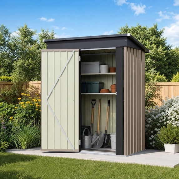 Vyrox 5' x 3' Metal Outdoor Storage Shed, Steel Garden Tool Shed with Sloping Roof & Lockable Door for Backyard, Garden, Brown
