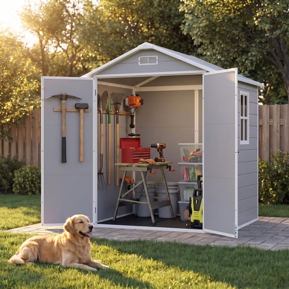 Vyrox 6x4 FT Resin Storage Shed with Lock, Weatherproof Outdoor Cabinet for Garden Tools, Patio Furniture, Bikes & Beach Chairs, Grey & White