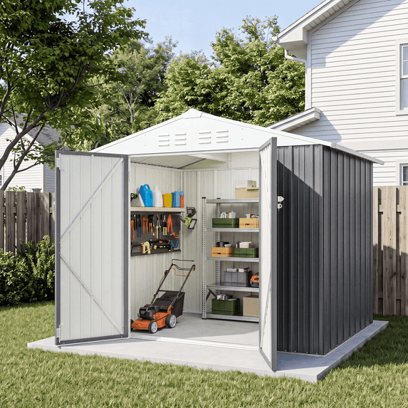 Vyrox 8' x 6' Outdoor Storage Shed, Metal Garden Tool Shed with Sloping Roof & Double Lockable Doors for Backyard, Patio, Gray