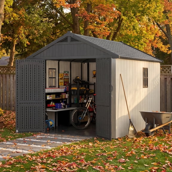 Vyrox 8x10 FT Resin Storage Shed with Floor, Window & Lockable Door, Weatherproof Outdoor Tool Organizer for Garden & Backyard, Easy Assembly, Gray/White