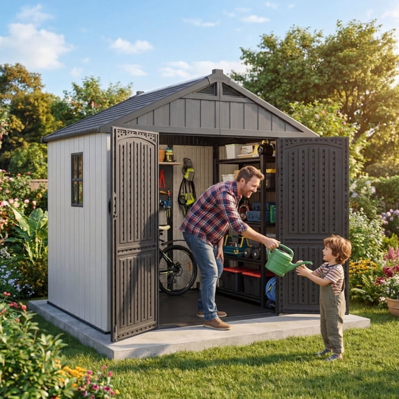 Vyrox 8x6 FT Resin Storage Shed with Floor & Window, Weatherproof Outdoor Organizer for Garden Tools, Lawn Equipment & Bikes, Lockable Door for Security, Easy Assembly, Gray/White