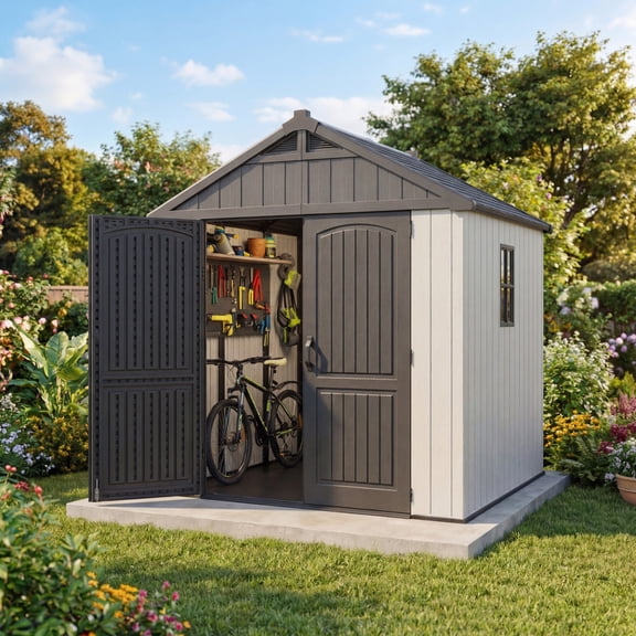 Vyrox 8x8 FT Resin Storage Shed with Window, Lockable Door & Floor Base, Weatherproof Outdoor Tool Shed for Backyard, Patio, Garden, Easy Assembly, Gray/White