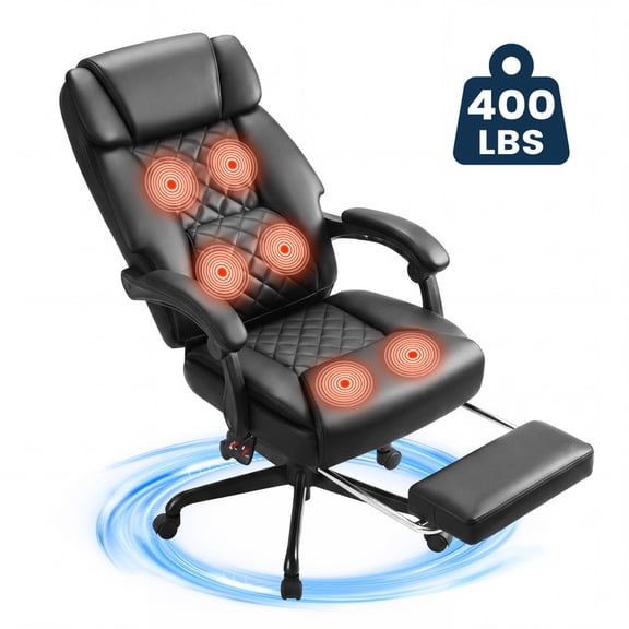 Vyrox Big and Tall Massage Office Chair with Heat & 6-Point Vibration, High-Back Executive Recliner with Footrest, PU Leather Desk Chair, Black