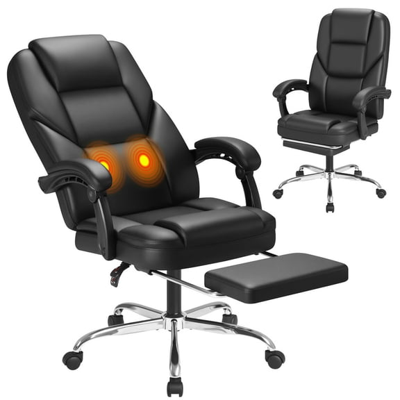 Vyrox Ergonomic Executive Office Chair with Massage Lumbar Support & Footrest, Reclining High Back Leather Office Chair with Padded Armrests, Adjustable Height Desk Chair, Black