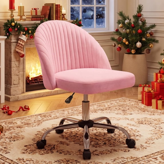 Vyrox Home Office Chair, Adjustable Swivel Vanity Chair with Wheels, Upholstered Mid-Back Rolling Task Chair, Armless Desk Chair for Bedroom, Living Room, Study, Pink