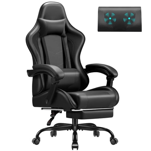 Vyrox PU Leather Gaming Chair with Massage Lumbar Support, Ergonomic High Back Computer Gamer Chair with Adjustable Footrest, Black