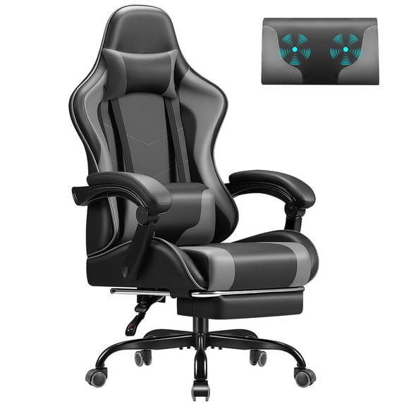 Vyrox PU Leather Gaming Chair with Massage Lumbar Support, Ergonomic High Back Computer Gamer Chair with Adjustable Footrest, Gray