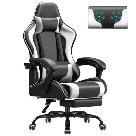 Vyrox PU Leather Gaming Chair with Massage Lumbar Support, Ergonomic High Back Computer Gamer Chair with Adjustable Footrest, White