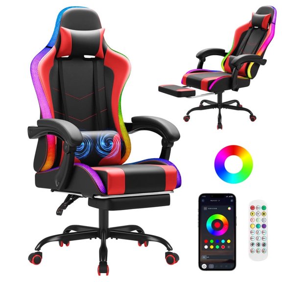 Vyrox RGB Gaming Chair with Massage Lumbar Support, App & Remote Controlled LED Lights, Ergonomic High-Back Computer Chair with Retractable Footrest, Adjustable Armrests, Red