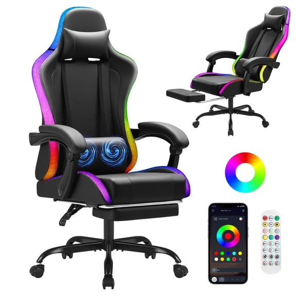 Vyrox RGB Gaming Chair with Massage Lumbar Support, App & Remote Controlled LED Lights, Ergonomic High-Back Computer Chair with Retractable Footrest, Adjustable Armrests, Black