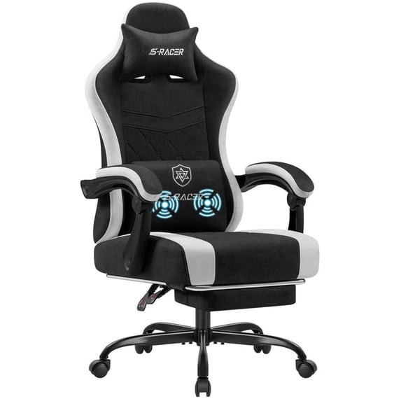Vyrox Reclining Gaming Chair with Footrest, Massage Lumbar Support, Breathable Technical Fabric, Ergonomic Video Game Chair with Headrest, Black