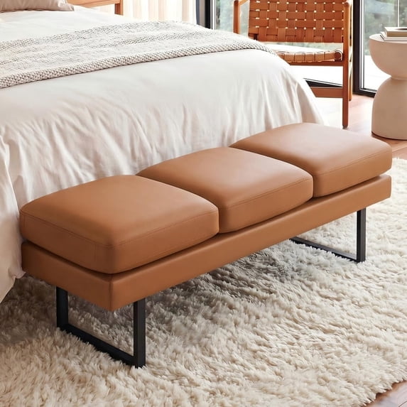 Vyrox 61" Upholstered Bedroom Bench, Set of 3 PU Leather Entryway Bench with Heavy-Duty Metal Legs for Living Room, Office & Lobby, Brown