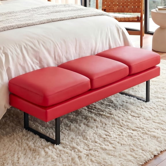 Vyrox 61" Upholstered Bedroom Bench, Set of 3 PU Leather Entryway Bench with Heavy-Duty Metal Legs for Living Room, Office & Lobby, Red