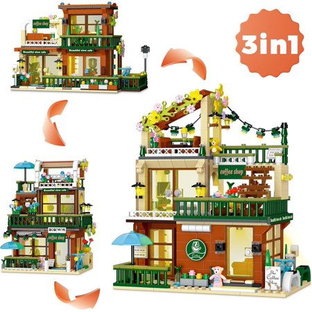 Vyytoz 3-in-1 Coffee House Building Set with Light, 875Pcs City Café Model, Creative Display Toy, Street View Collection
