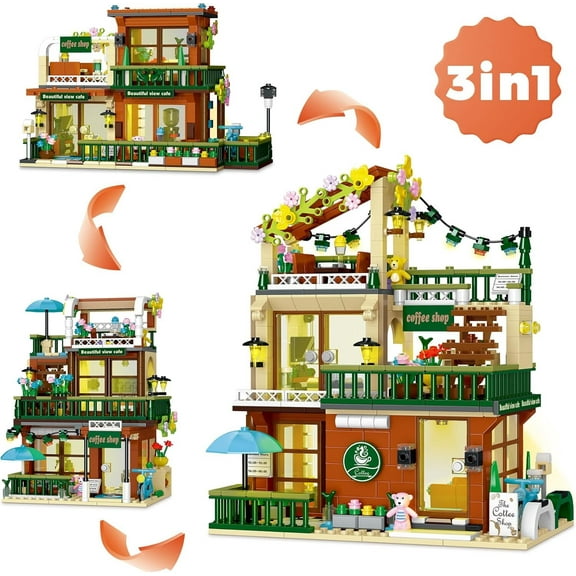 Vyytoz 3-in-1 Coffee House Building Set with Light, 875Pcs City Caf Model, Creative Display Toy, Street View Collection