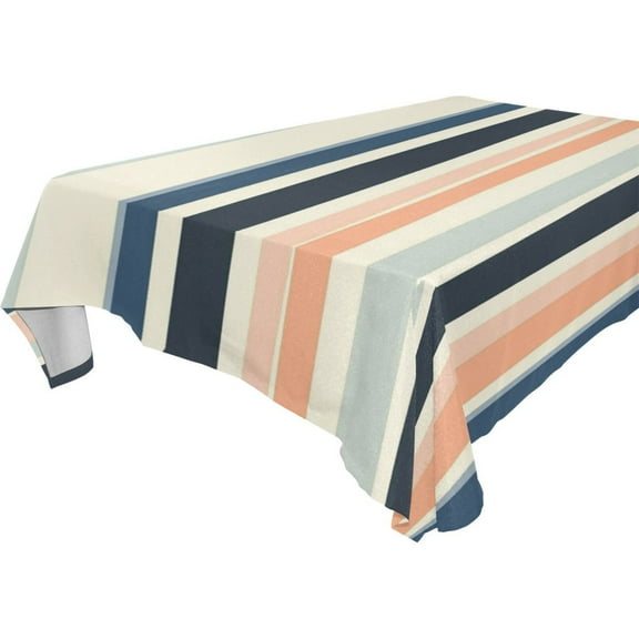 Vzayy Premium Polyester Square Tablecloth Set 54-120 Inch,Blue Peach and Navy Stripes