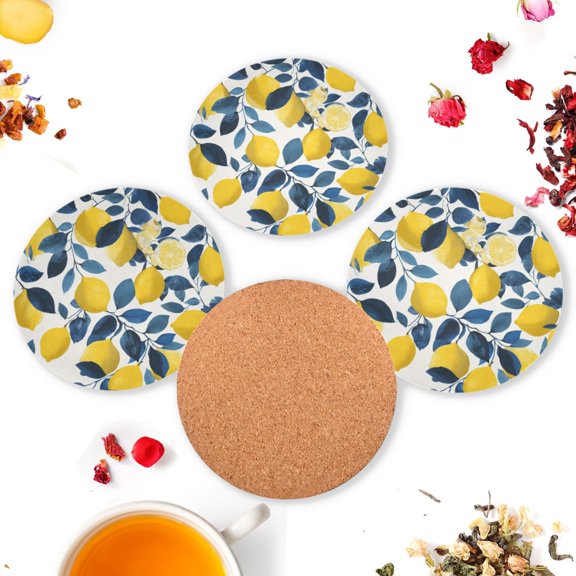 Vzayyk 4Pack Wooden Coasters With Cork Base Heat-Resistant Drink For Home Office Restaurant A Pattern Of Lemons