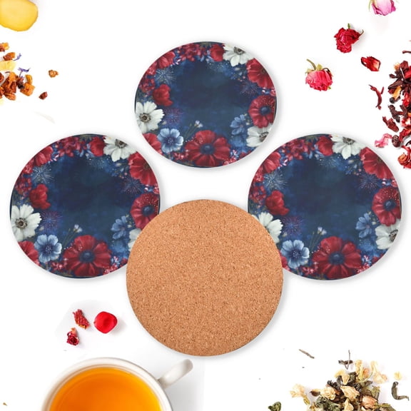 Vzayyk 4Pack Wooden Coasters With Cork Base Heat-Resistant Drink For Home Office Restaurant Bouquet Fireworks
