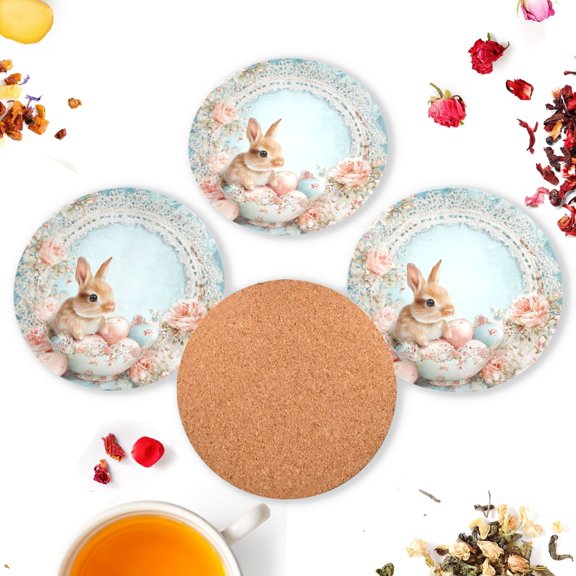 Vzayyk 4Pack Wooden Coasters With Cork Base Heat-Resistant Drink For Home Office Restaurant Bunny with Eggs