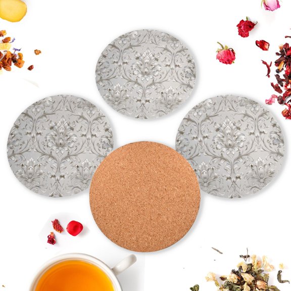 Vzayyk 4Pack Wooden Coasters With Cork Base Heat-Resistant Drink For Home Office Restaurant Elegant Damask Pattern
