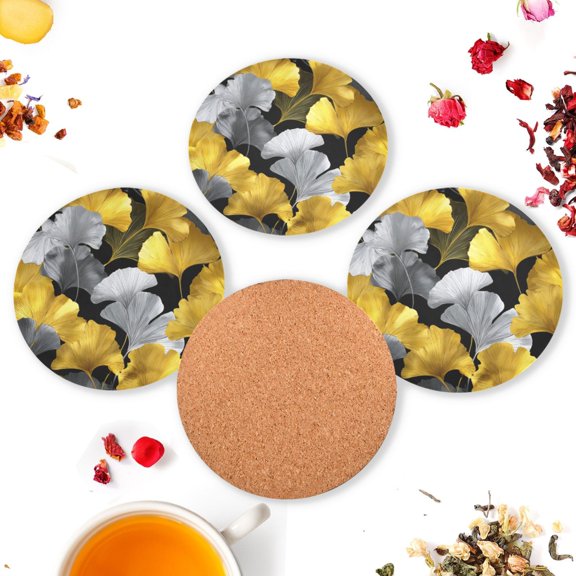 Vzayyk 4Pack Wooden Coasters With Cork Base Heat-Resistant Drink For Home Office Restaurant Ginkgo Leaves Bright Yellow