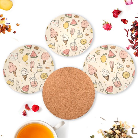 Vzayyk 4Pack Wooden Coasters With Cork Base Heat-Resistant Drink For Home Office Restaurant Ice Cream Watermelon Lemonade