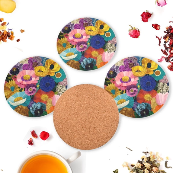 Vzayyk 4Pack Wooden Coasters With Cork Base Heat-Resistant Drink For Home Office Restaurant Orange Red Purple Brown White Florals