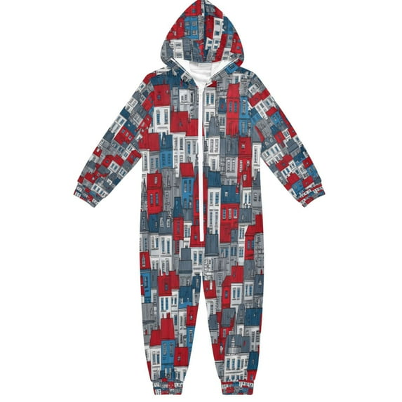 Vzayyk 4T-14Y Size Aviliable Cozy One-Piece Footless Sleeper Pajama Red Houses with Blue Windows