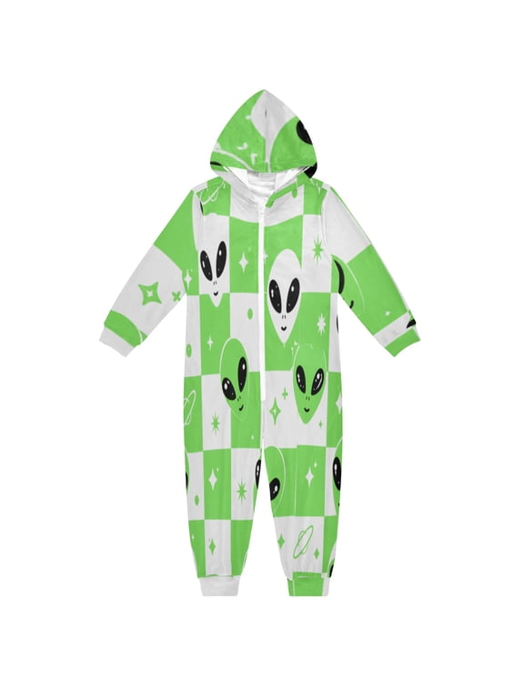 Cozy One-Piece Footless Sleeper Pajama Alien Space Checkered Pattern Sizes 4T-14Y Available