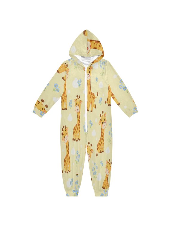 Cozy One-Piece Footless Sleeper Pajama Yellow Cartoon Giraffe Design Sizes 4T-14Y Available