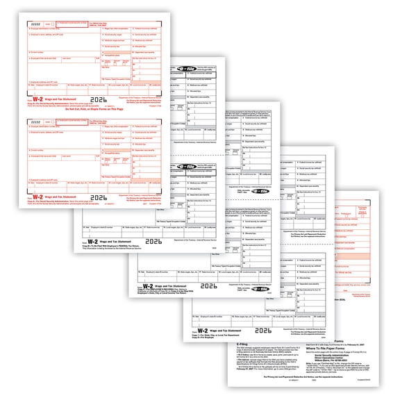 W-2 4-Part Set, 2-Up Tax Forms Copy A, B, C, D, 50/Pk