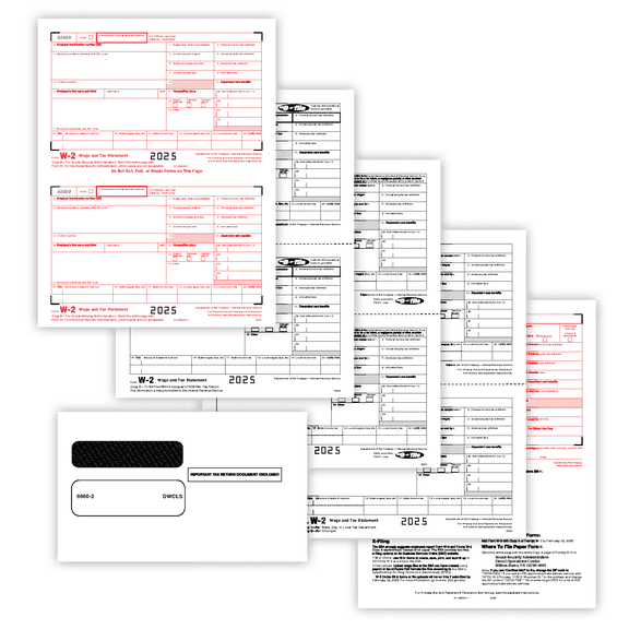 W-2 6-Part Set, 2-Up Tax Forms Copy A, B, C, 2, D, 1 , with Self-Seal Envelopes, 25/Pk