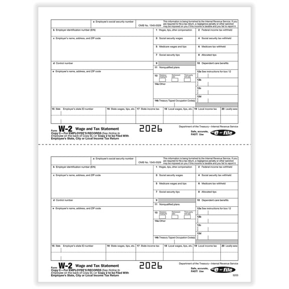 W-2 Employee Copy 2/C, 2-Up, Pack of 50 (100 Forms
