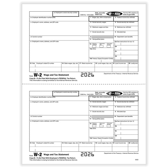 Generic W-2 Employee Copy B 2-Up 100 Forms Pack of 50 8.5 x 11 Inch