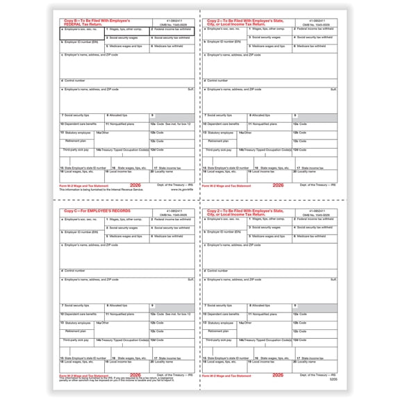 W-2 Employee Copy B, C, 2 and 2/Extra Copy 4-Up, 50 Sheets / 50 Forms