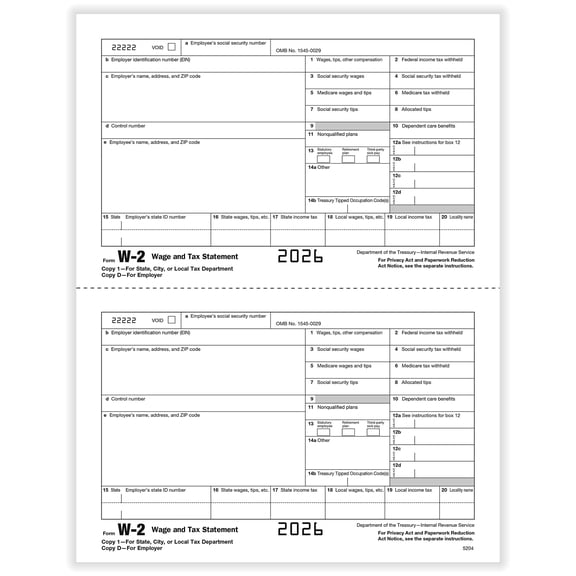 W-2 Employer Copy 1 D State City 2-Up Pack of 50 (100 Forms)